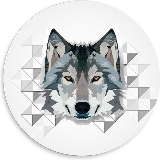 Forex Wandcirkel - Abstracte Wolf met Witte Achtergrond - 50x50cm Foto op Wandcirkel (met ophangsysteem)