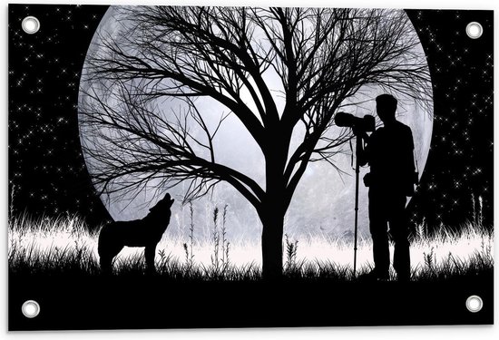 Tuinposter – Man met een Wolf bij de Volle Maan - 60x40cm Foto op Tuinposter  (wanddecoratie voor buiten en binnen)