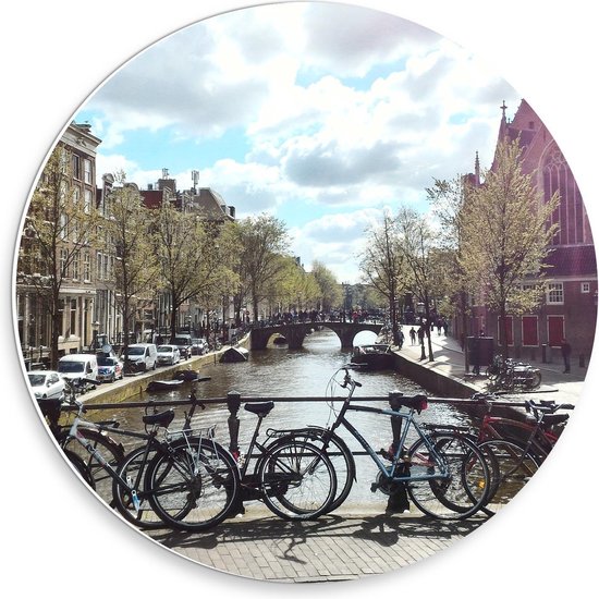 Forex Wandcirkel - Fietsen aan de Gracht in Amsterdam - 30x30cm Foto op Wandcirkel (met ophangsysteem)