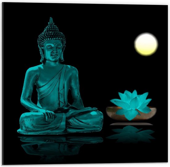 Dibond - Boeddha met Blauwe Lotus en Maan - 50x50cm Foto op Aluminium (Met Ophangsysteem)