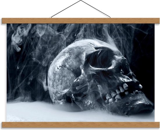 Schoolplaat – Rokende Doodskop (zwart/wit) - 60x40cm Foto op Textielposter (Wanddecoratie op Schoolplaat)