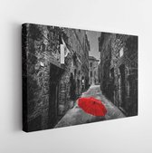 Umbrella on dark narrow street in an old Italian town in Tuscany, Italy. Raining. Black and white with red - Modern Art Canvas  - Horizontal - 370478354 - 115*75 Horizontal