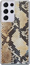 Samsung S21 Ultra hoesje siliconen - Snake / Slangenprint bruin | Samsung Galaxy S21 Ultra case | goudkleurig | TPU backcover transparant