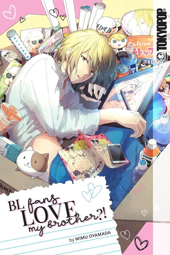 Couverture du livre 'BL Fans LOVE My Brother?!' avec un jeune homme blond dessinant, entouré de produits dérivés et de snacks. Texte : BL Fans LOVE my brother?! by MIMU OYAMADA.