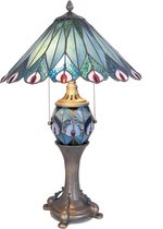 LumiLamp Tiffany Tafellamp Ø 40*65 cm E27/max 2*60W / E14/max 1*7W Blauw, Rood Glas in lood Tiffany Bureaulamp Tiffany Lampen