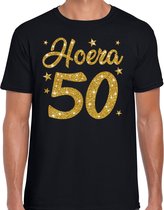 Hoera 50 jaar verjaardag cadeau t-shirt - goud glitter op zwart - heren - Abraham cadeau shirt XL