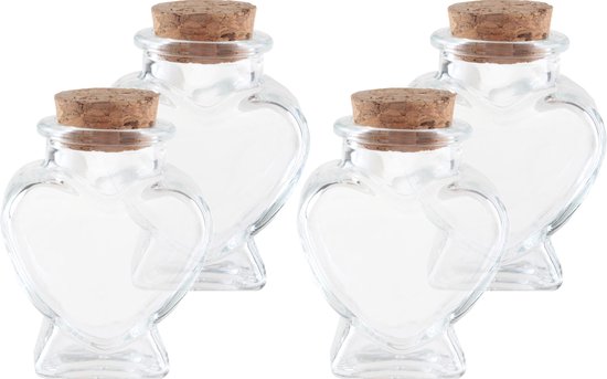 4x Mini glazen hartjes flesjes/potjes 4 x 4 x 6 met kurk dop - Hobby/diy - Bedankjes/weggevertjes - Bewaarpotjes/voorraadpotjes