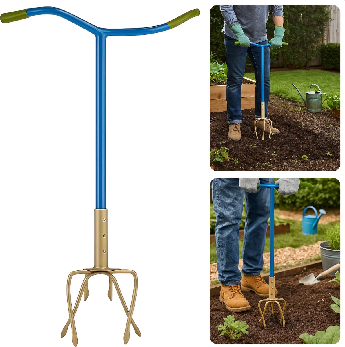Cheqo® Tuinklauw Verstelbaar - 4-Tands Woelvork - Grond Beluchten - Onkruid Verwijderen - in Lengte Verstelbaar - Ergonomisch Handvat - Staal met Kunststof - Rug- en Knieontlastend - Tuinieren zonder Bukken - Woelvork met Handvatten