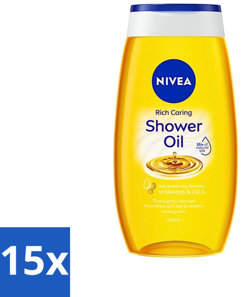 15 x NIVEA - Doucheolie - Natuurlijke Doucheolie - 200 ml - Voordeelverpakking - 15 stuks