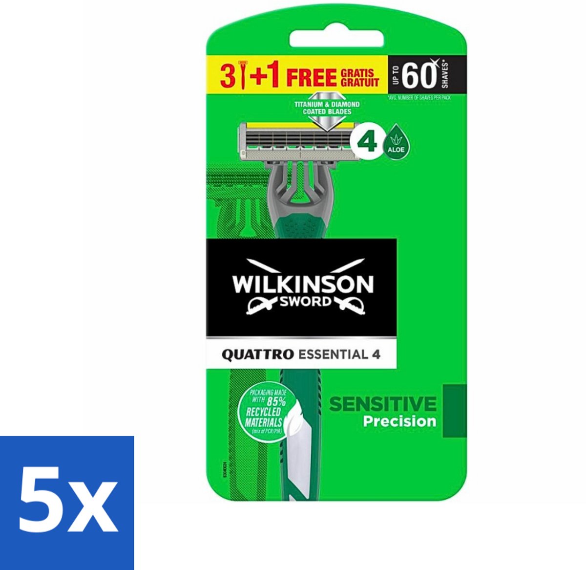 5 x Wilkinson - Wegwerpscheermesjes - Quattro Essential 4 - Strak Scheren - 4 mesjes - Scheermesje - Wegwerpscheermesje - Strak Scheren - Titanium Mesje - Precisie Mesje