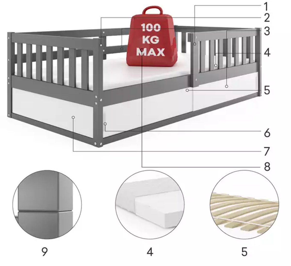 BMS SMART - Kinderbed - 80x160 cm - Met Opslag - Grafiet