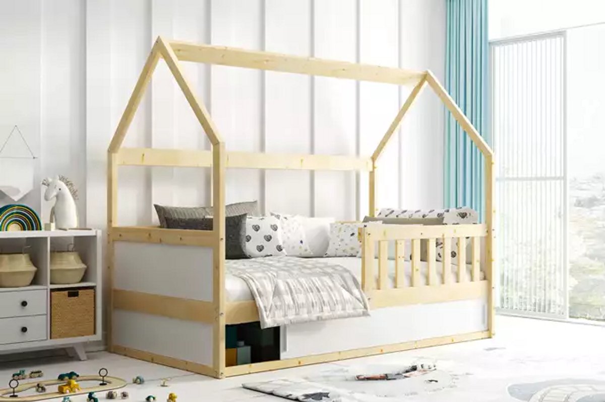 BMS SMART 2 HOUSE - Eenpersoonsbed 80x160 - Met Opbergruimte - Natuurlijk Hout