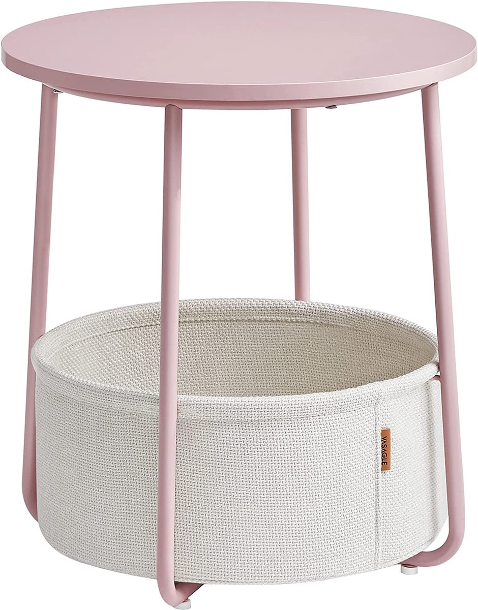 Hoppa! - Bijzettafel - Rond - Pastelroze wolkenwit - Kleine tafel - Salontafel - Woonkamertafel - Stoffen mand - Opbergruimte - Modern - 45 x 45 x 50
