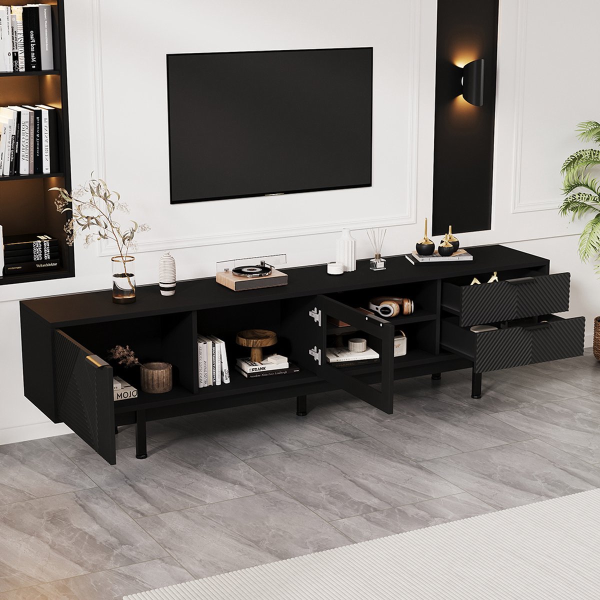 KOMHTOM BLACKCOLORS Moderne en eenvoudige tv-meubel 200*40*50,5 cm, laag meubel met 2 deuren en 2 lades, tv-meubel met grote opbergruimte, woonkamermeubel met een totaal draagvermogen van 45 kg, geschikt voor 80 inch, zwart