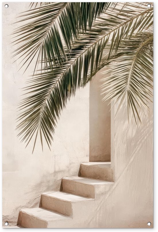 Tuinposter 80x120 cm - Tuindecoratie Palmboom - Schaduw - Trap - Beige - Poster voor in de tuin - Buiten decoratie - Schutting tuinschilderij - Tuindoek muurdecoratie - Wanddecoratie balkondoek