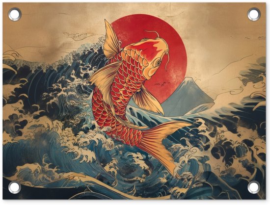 Tuinposter 40x30 cm - Tuindecoratie Koi - Zee - Golven - Zon - Poster voor in de tuin - Buiten decoratie - Schutting tuinschilderij - Tuindoek muurdecoratie - Wanddecoratie balkondoek