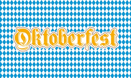 Oktoberfest vlag met blauwe ruitenpatroon en gouden 'Oktoberfest' tekst.