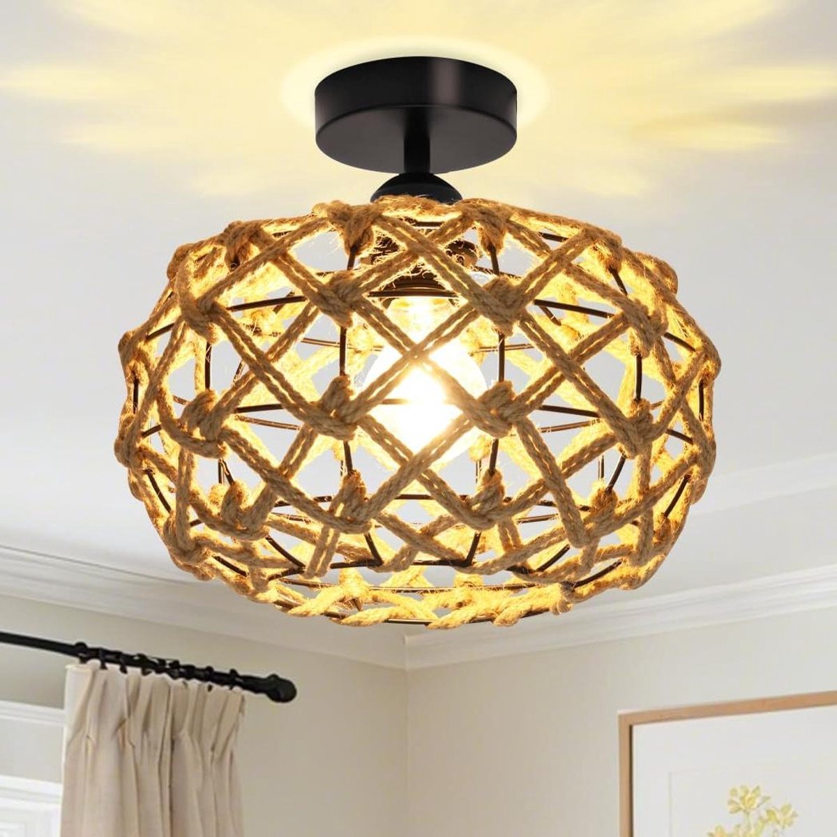 Allecto plus - Plafondlamp in landelijke stijl voor woonkamer en slaapkamer met E27 fitting en rotan lampenkap