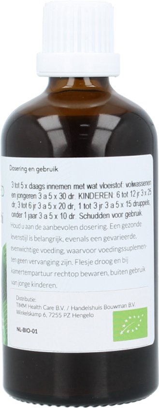 Bruine fles met witte dop. Groen label met tekst in het Nederlands en een afbeelding van bladeren. "NI-BIO-01".