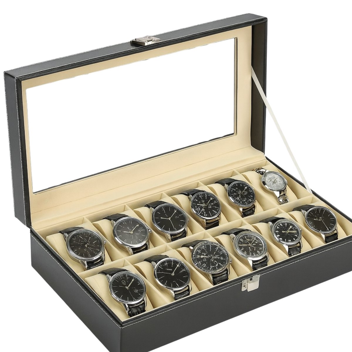 Lomera Horlogebox voor 12 Horloges - Zwarte Horlogebox - PU Kunstleer - Transparant Venster - Clipsluiting - Opbergdoos voor Horloges - Horlogekist - Sieradendoos voor Horloges - Luxe Horlogebox - Horlogebox Heren - Horlogebox Dames