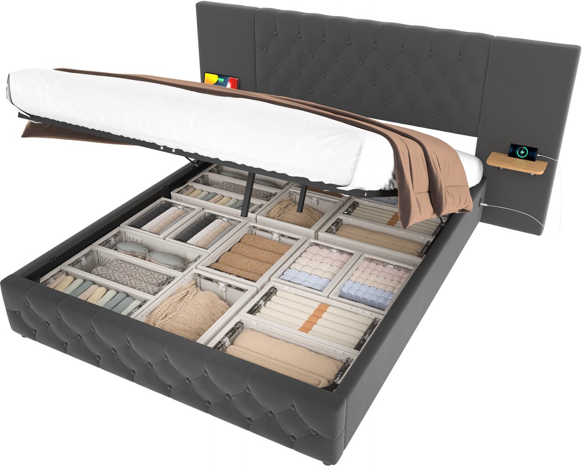 Merax Bed 140x200 cm met Brede Hoofdbord - LED-Verlichting - USB-Aansluiting - Hydraulisch Opbergsysteem - Ruime Opbergruimte - Tweepersoonsbed