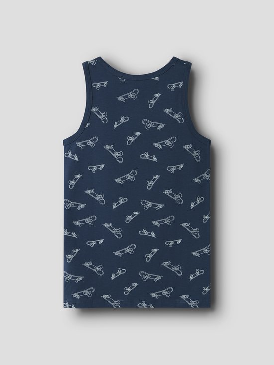 Nachtblauwe tanktop met een all-over print van witte skateboards.