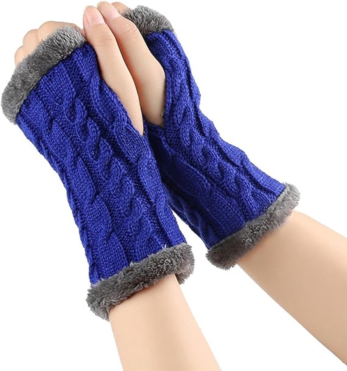 Daity 1 paar donkerblauwe gebreide mouwen, vingerloze gebreide handschoenen, winterwanten, kleding met duimgaten