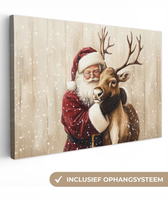 Canvas schilderij 60x40 cm - Exclusieve wanddecoratie Kerstman - Rendier - Sneeuw - Kleurrijk - Muurdecoratie woonkamer - Kamer decoratie - Schilderijen op canvas - Kerstdecoratie voor binnen - Kerstversiering - Kerstmis versiering