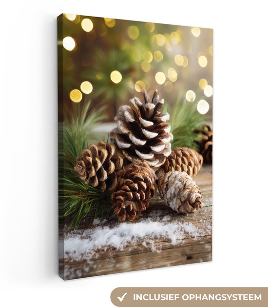 Canvas schilderij 80x120 cm - Exclusieve wanddecoratie Dennenappels - Kerstsfeer - Bruin - Groen - Muurdecoratie woonkamer - Kamer decoratie - Schilderijen op canvas - Kerstdecoratie voor binnen - Kerstversiering - Kerstmis versiering