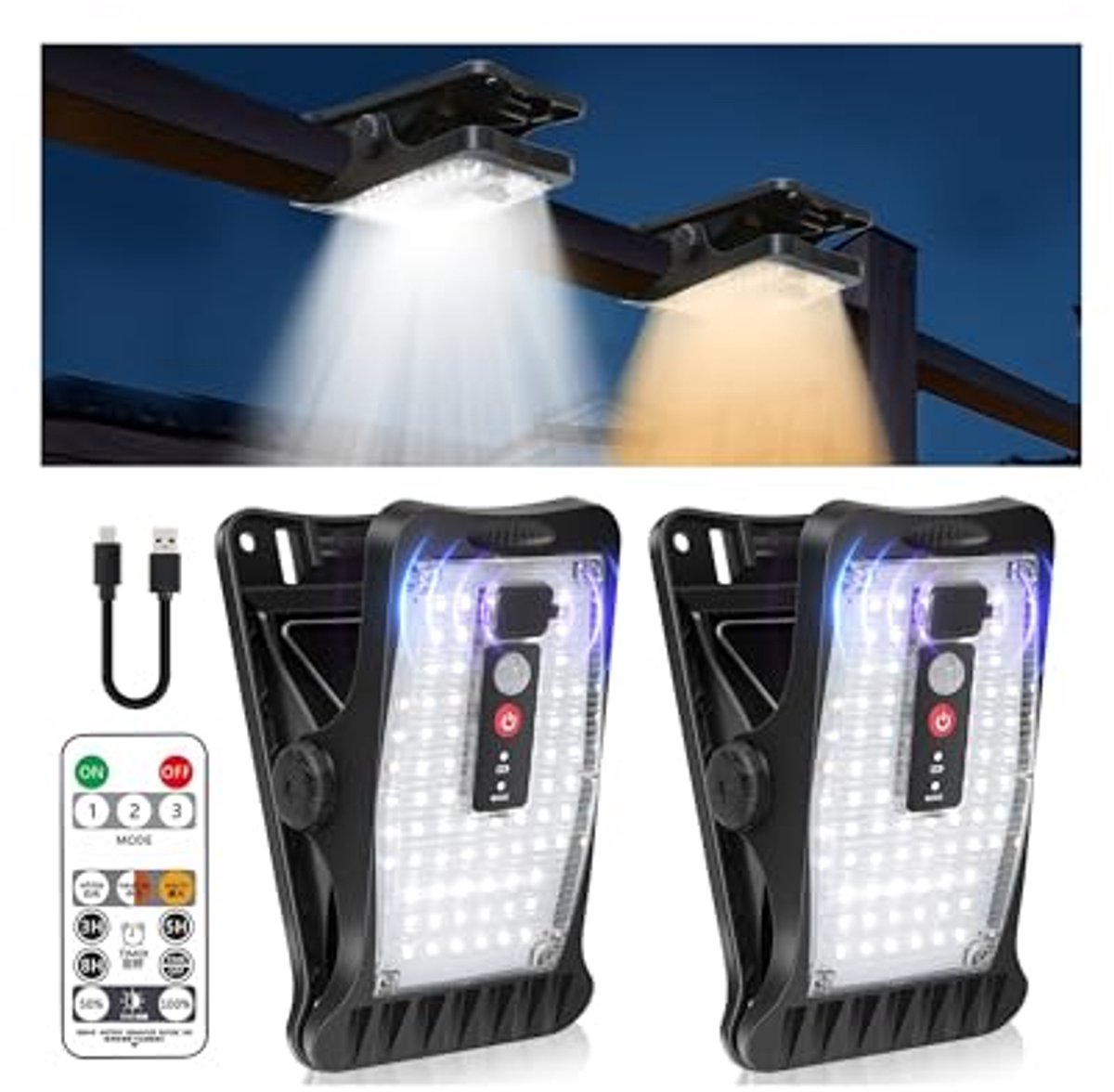 Zonne-cellen voor buiten, 2 stuks Clip-on fotovoltaïsche lampen met bewegingsdetector en afstandsbediening