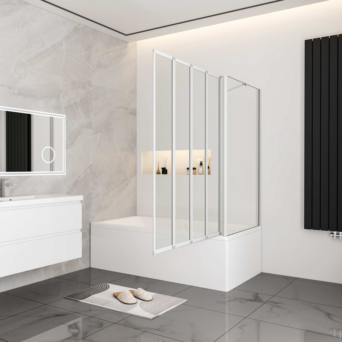 Aica Badwand 100x70x140cm 4-Delige Inklapbaar 4mm gehard glas-Grijs frame