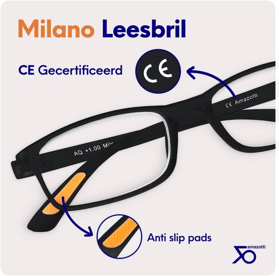 Lunettes de lecture Amazotti Milano +2,00 – Lunettes de lecture correctrices – Femme et Homme – Plastique – Zwart – Set de 5