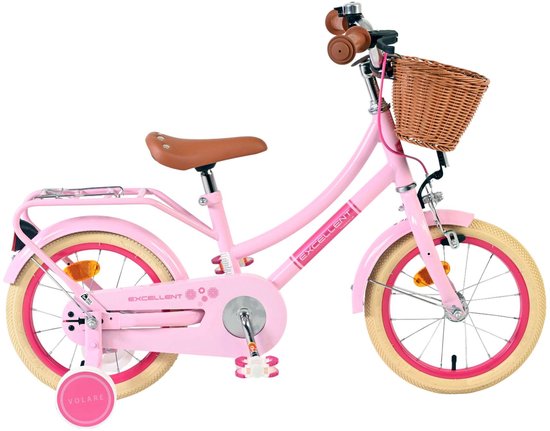 Roze 14-inch kinderfiets met bruin zadel, bruin mandje, bruine handvatten en zijwieltjes.