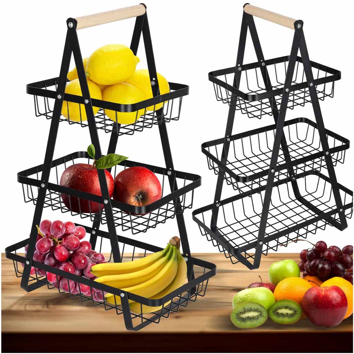 Moderne Fruitschaal - Fruitschaal Etagère - Fruitschaal 3-Laags - Keuken Organizer - Fruitschaal Zwart - Fruitmand - XXL - Metaal