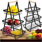 IKONKA Fruitmand met 3 etages - Metaal met houten handgreep - Zwart - 34 x 17,5 x 48 cm
