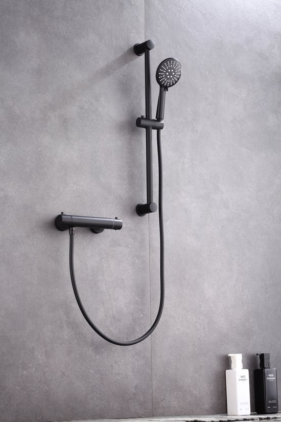 WEBO Eva doucheset – douchemengkraan met thermostaat-glijstang 60 cm - mat zwart - compleet met alle montagemateriaal