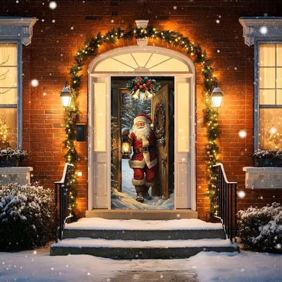 Feestelijke Deursok – Deurhoes - Kerstman met Lantaarn - Supersnel Ophangen Perfect voor Entree & Feestdagen - Instant Kerstsfeer! Elastische Deurdecoratie met Kerstman – Binnen 1 Minuut Klaar - 90x200cm