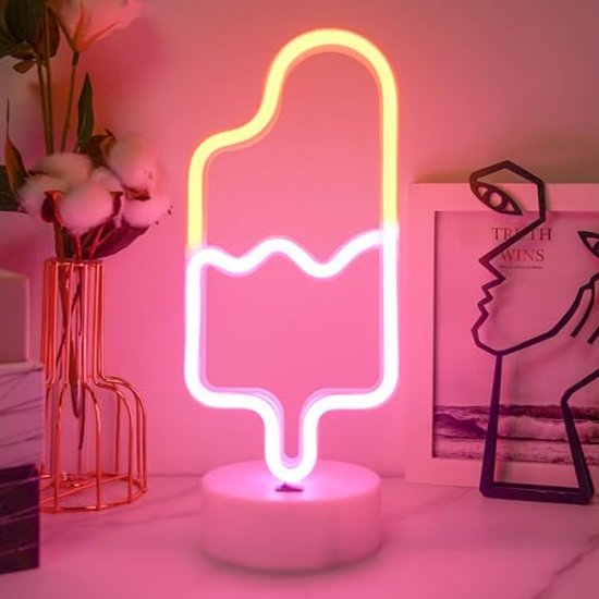 Neonborden met houder basis - Wram wit en roze ijslolly LED-nachtlampje