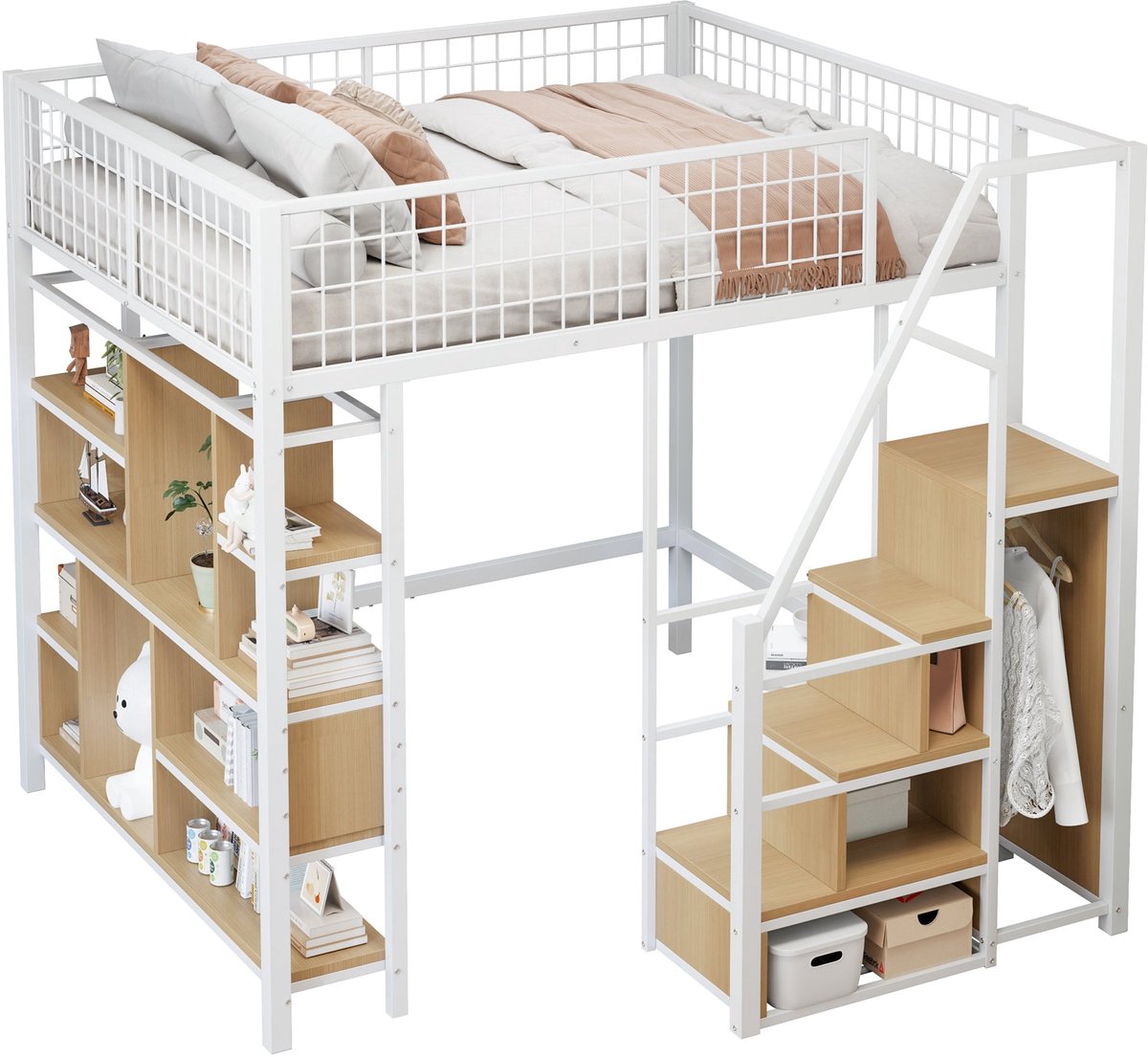 Merax Hoogslaper 140x200 cm - Metalen Bed met Opbergruimte - Trap met Lades - Bureau en Opbergvakken - Bed voor Volwassenen en Kinderen - Wit