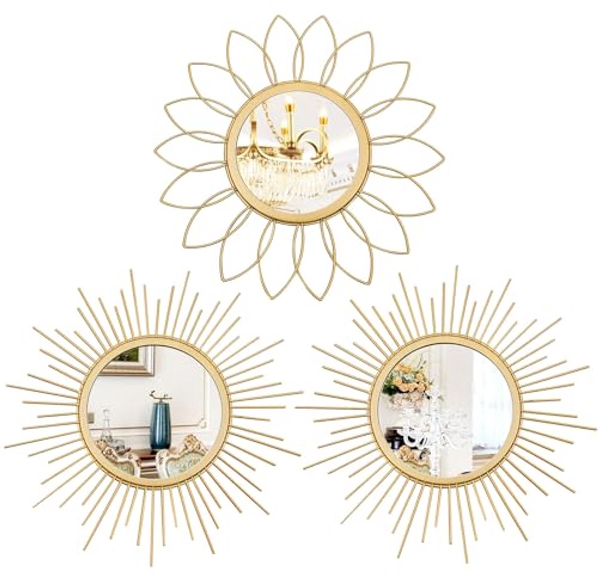 Set van 3 Gouden Wandspiegels voor Woonkamer en Slaapkamer