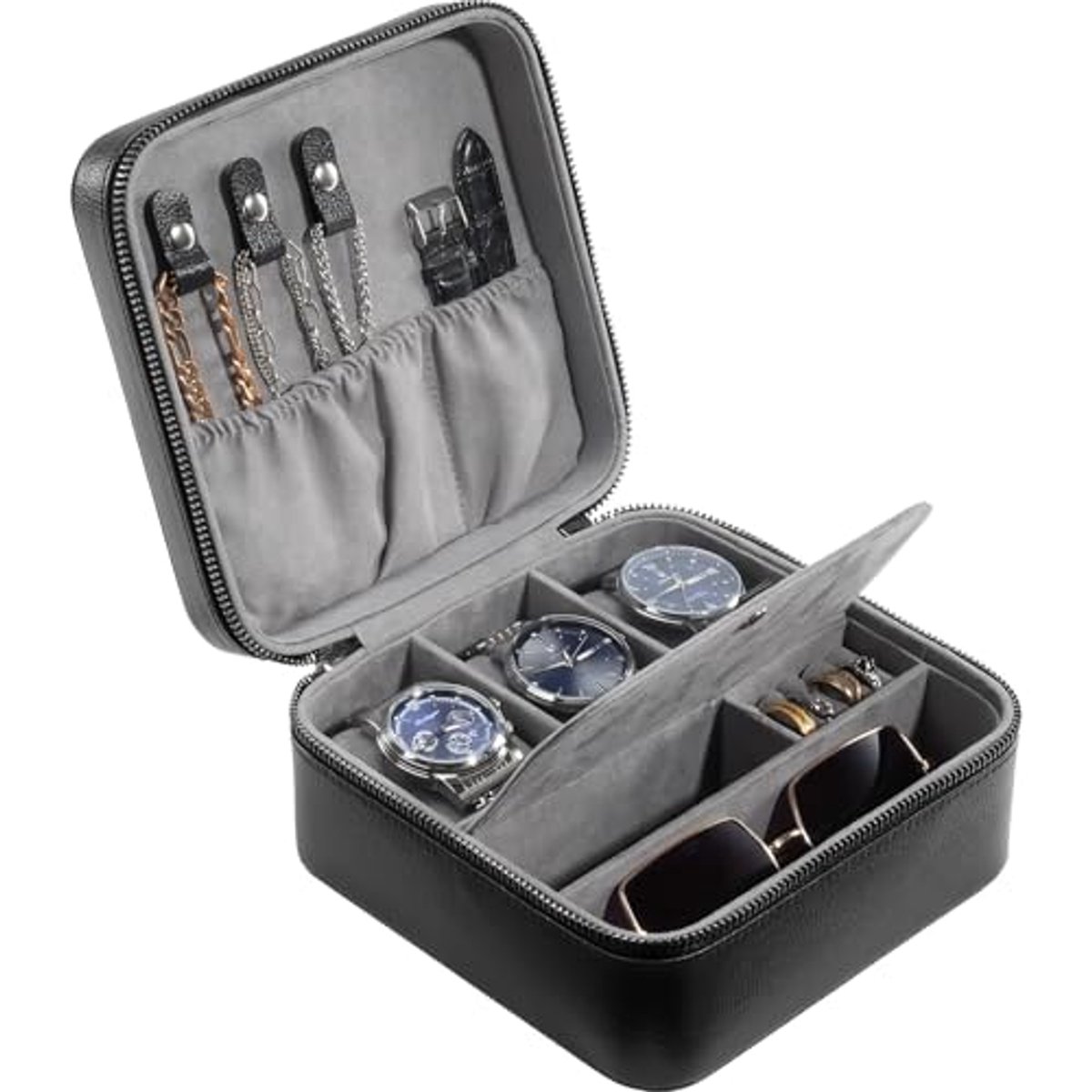 Reis Horloge Case met 3 Slots - PU Leren Horloge Accessoires Opbergtas voor Mannen - Zwarte Organizer met Ritssluiting