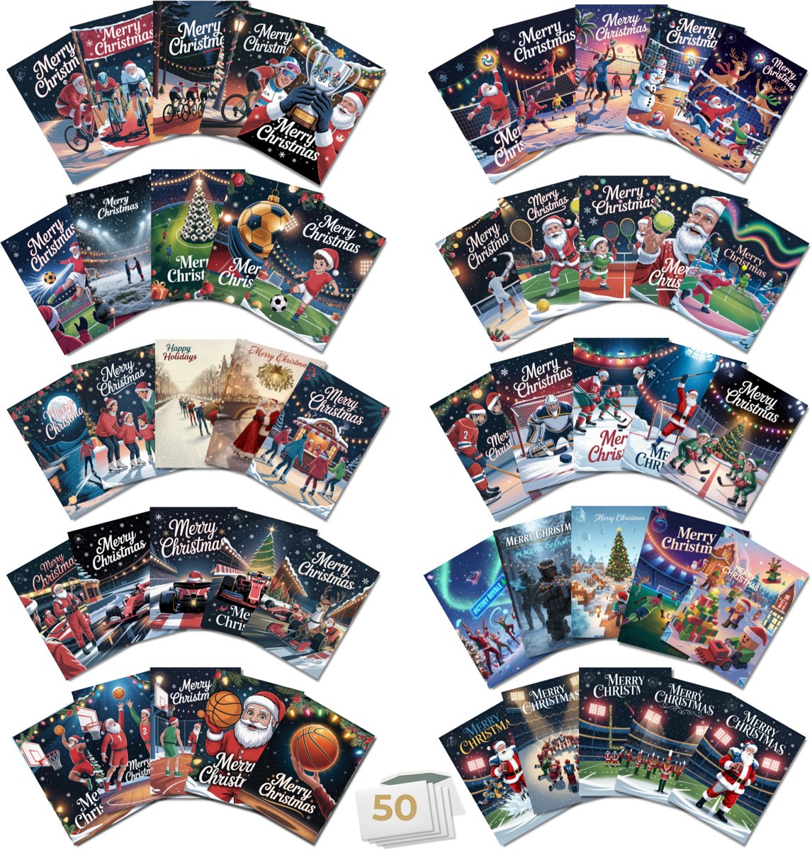 Inspra Studio – Luxe Kerstkaarten met Enveloppen – 50 Stuks – Complete Sport Wenskaarten Set – Artistieke Sportieve Illustraties met Winterse Sfeer