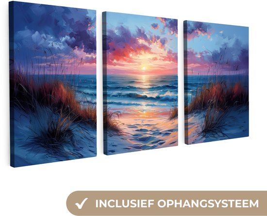 Canvas schilderij set 240x120 cm - Wanddecoratie drieluik - Strand - Blauw - Verf - Paars - Muurdecoratie woonkamer - Slaapkamer decoratie - Kamer accessoires - Schilderijen op canvas