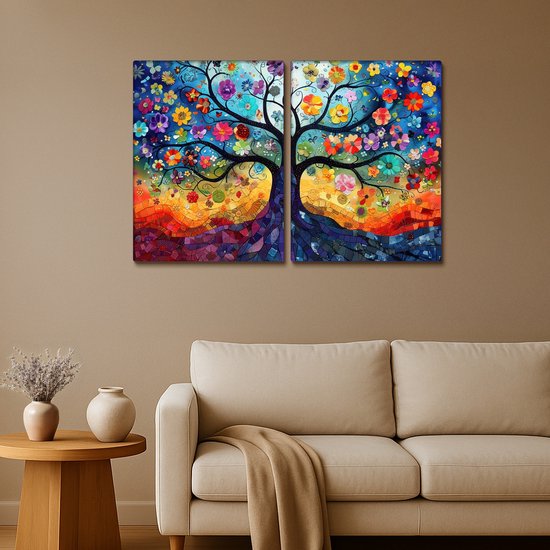 Ensemble de peintures sur toile 120x80 cm - Décoration murale diptyque - Coloré - Arbre de vie - Fleurs - Abstrait - Décoration murale salon - Décoration chambre - Accessoires chambre - Peintures sur toile