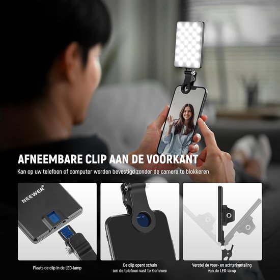 Newmowa 60 LED lamp telefoon met clip, 3200K-5600K, 3 lichtstanden en 10 dimbare helderheidsniveaus, CRI95 , draagbare oplaadbare videolamp voor telefoon, Android, iPhone, iPad, laptop Newmowa 60 LED lamp telefoon met clip, 3200K-5600K, 3 lichtstanden en 10 dimbare helderheidsniveaus, CRI95 , draagbare oplaadbare videolamp voor telefoon, Android, iPhone, iPad, laptop