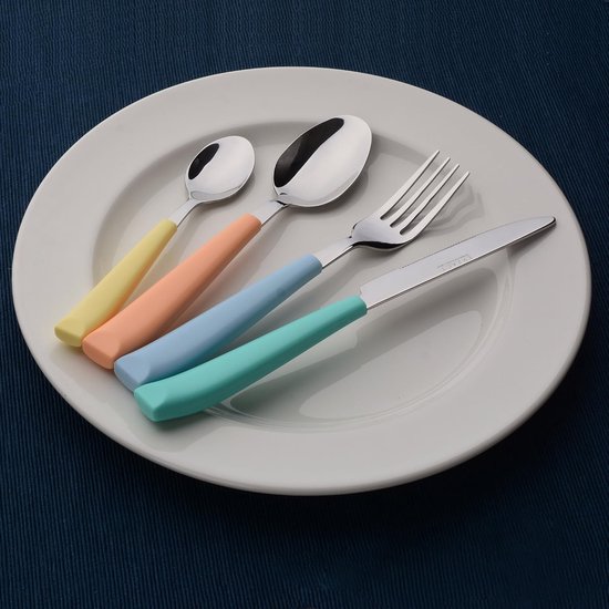 Bestekset 24 stuks gekleurd - roestvrij staal met levendig gekleurde plastic brede handgrepen - comfortabel vast te houden - 6 x vorken, 6 x dinermessen, 6 x eetlepels, 6 x theelepels van Dynamic24 — afbeelding 2