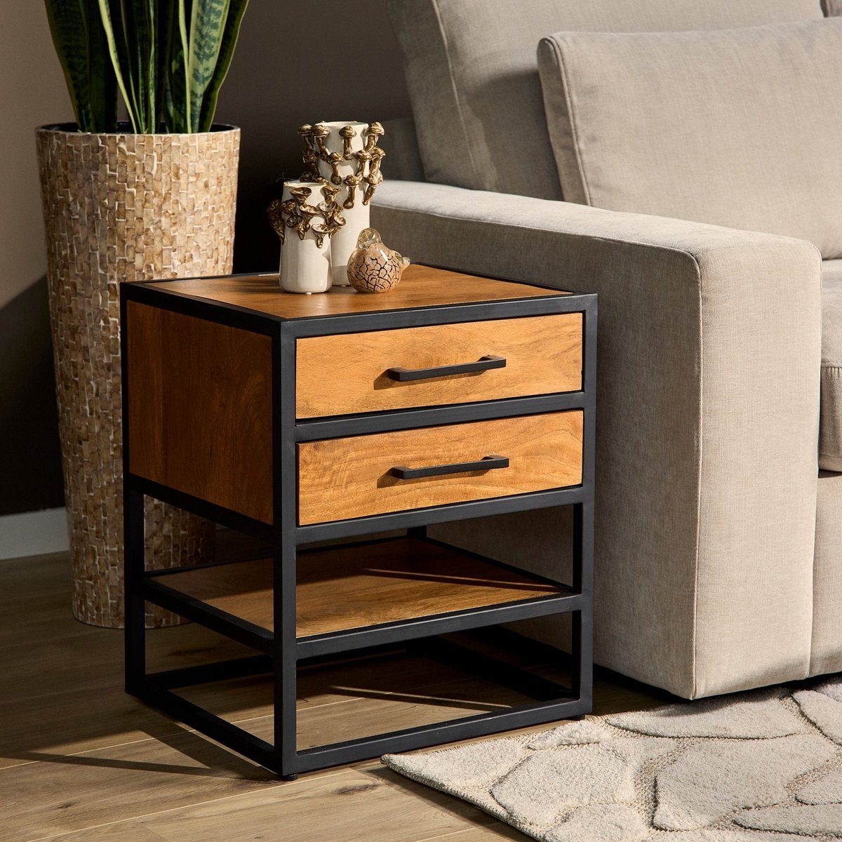 Luxe Nachtkastje Industrieel Mangohout met Lade (40 x 45 x 53 cm) - Houten Nachtkastje - Nachtkast Industrieel / Modern / Landelijk - Industrieel Nachtkastjes - Nachtkast - Nachtkastje Hout / Zwart - Bijzettafeltjes Woonkamer