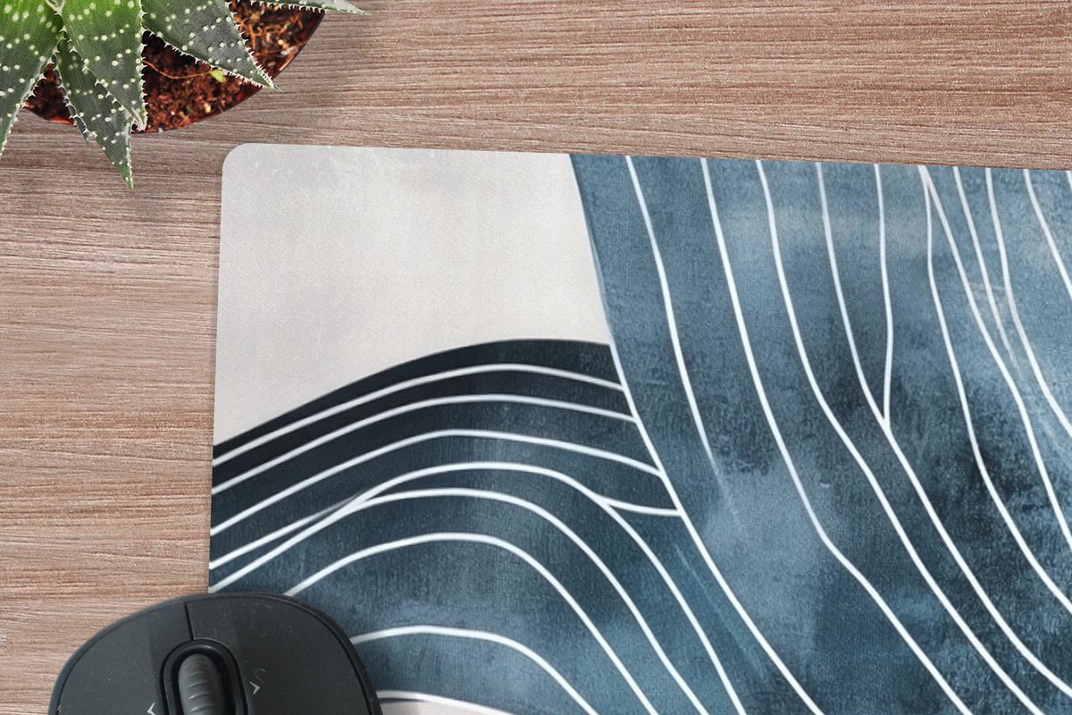 Muismat XXL 120x80 cm - Bureau onderlegger - Bureau mat Lijnen - Golven - Abstract - Blauw - Bureaumat - Gaming mousepad xl - Bureaulegger groot - Computer deskmat