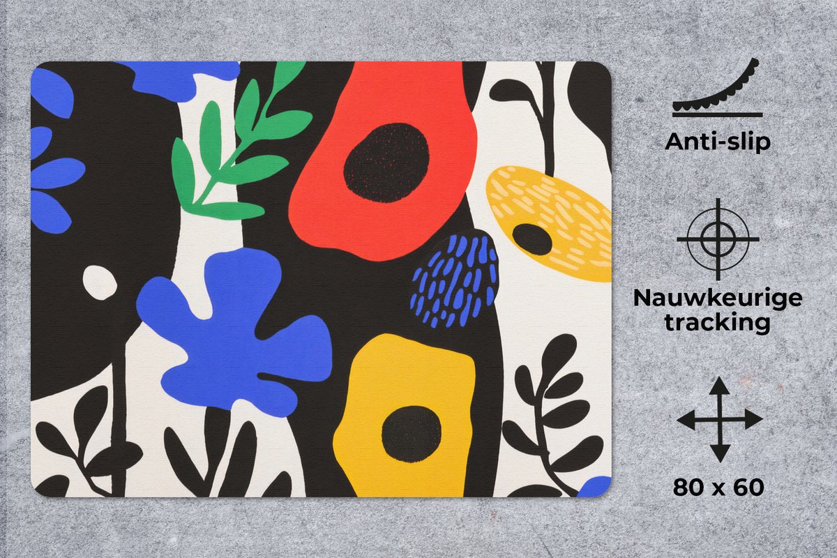 Muismat XXL 80x60 cm - Bureau onderlegger - Bureau mat Bloemen - Bladeren - Abstract - Zwart - Bureaumat - Gaming mousepad xl - Bureaulegger groot - Computer deskmat