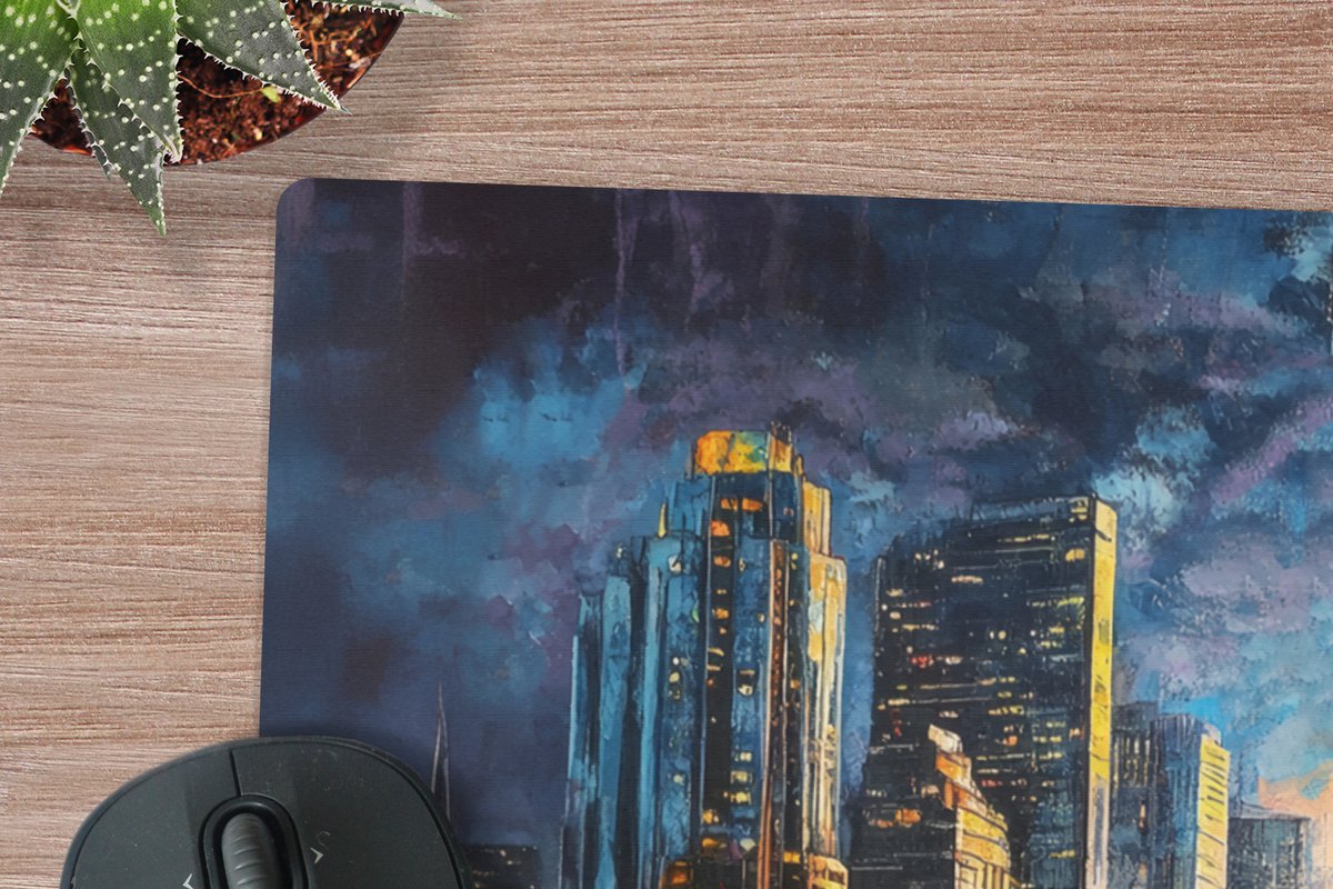 Muismat XXL 80x60 cm - Bureau onderlegger - Bureau mat Auto - Skyline - Zon - Blauw - Bureaumat - Gaming mousepad xl - Bureaulegger groot - Computer deskmat